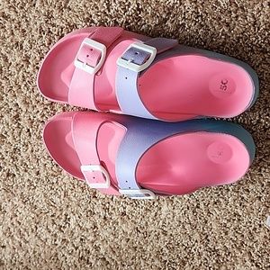 Pink lavender and green sandals with buckles size 8